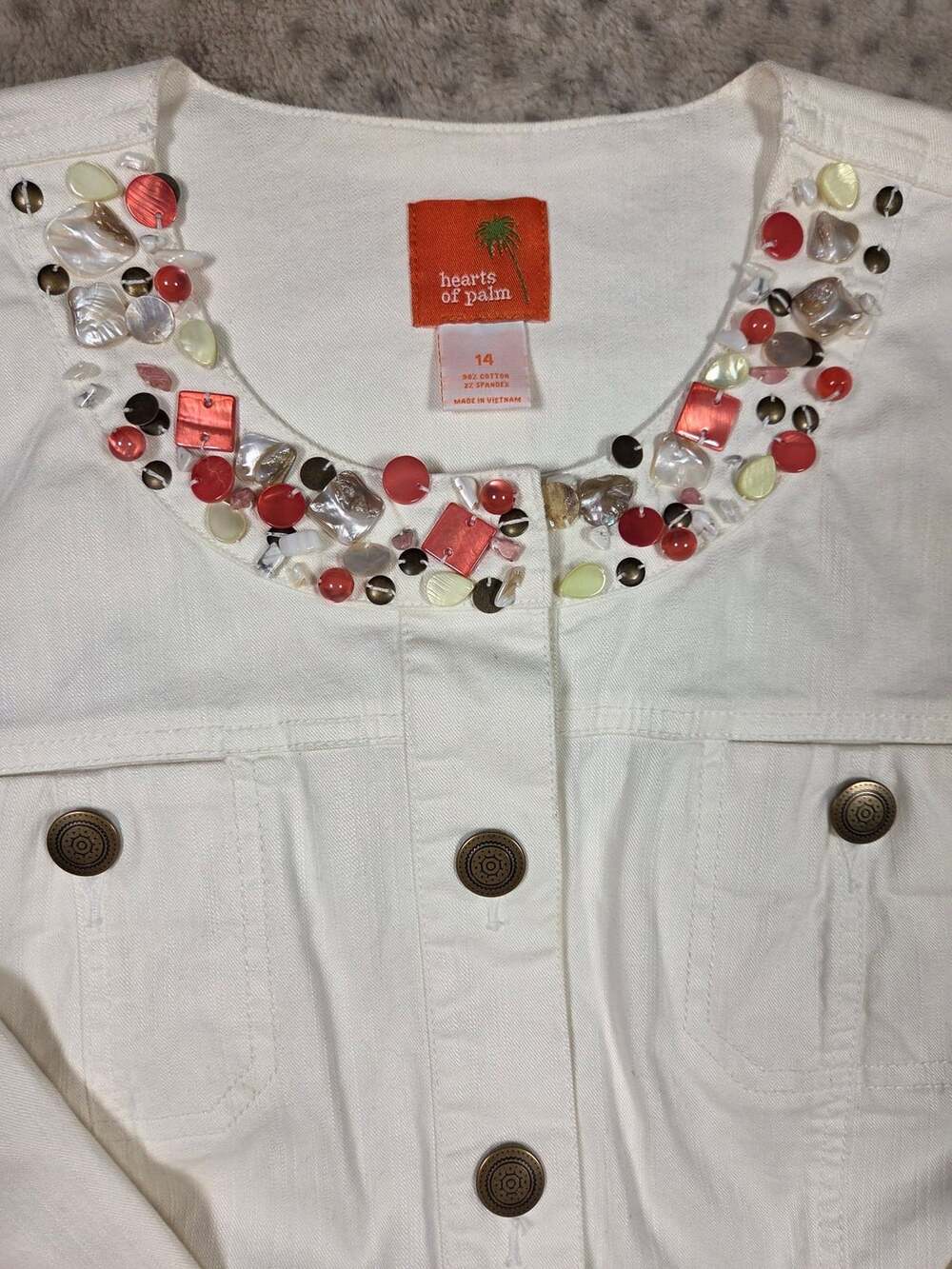 Hearts of Palm White Denim Beaded Collarless Cropped Jean Jacket Size 14 - Picture 2 of 8